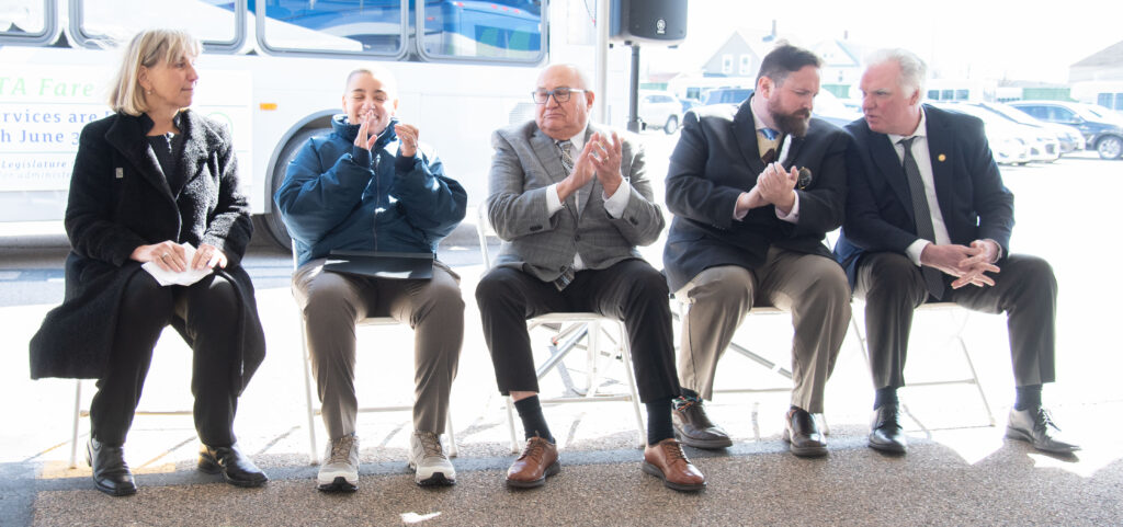 Speakers sitting:  Senate President Karen Spilka, Transportation Secretary Monica Tibbits-Nutt, Framingham Mayor Charlie Sisitsky,  Administrator Jim Nee and Joe Nolan, chair of MWRTA Advisory Board
