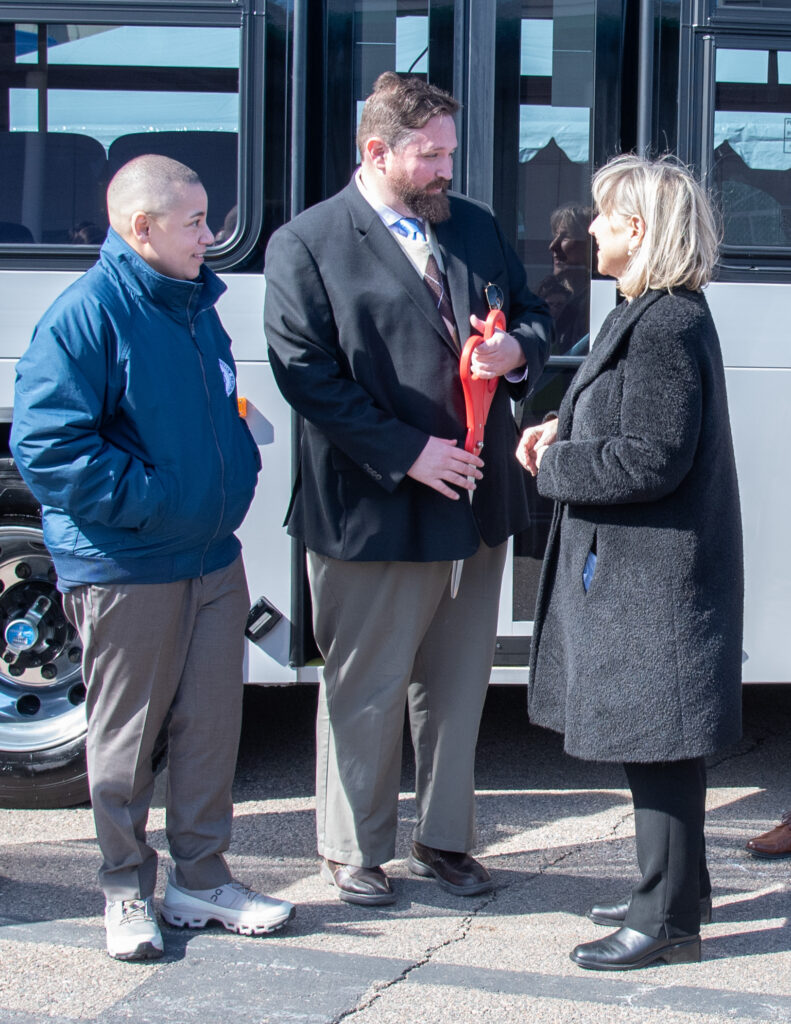 Transportation Secretary Monica Tibbits-Nutt, Administrator Jim Nee and Senate President Karen Spilka